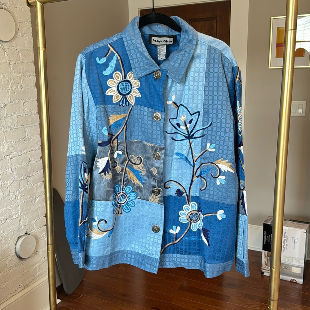 Vintage Indigo Moon Funky Floral Multi-Colored Blue Jacket